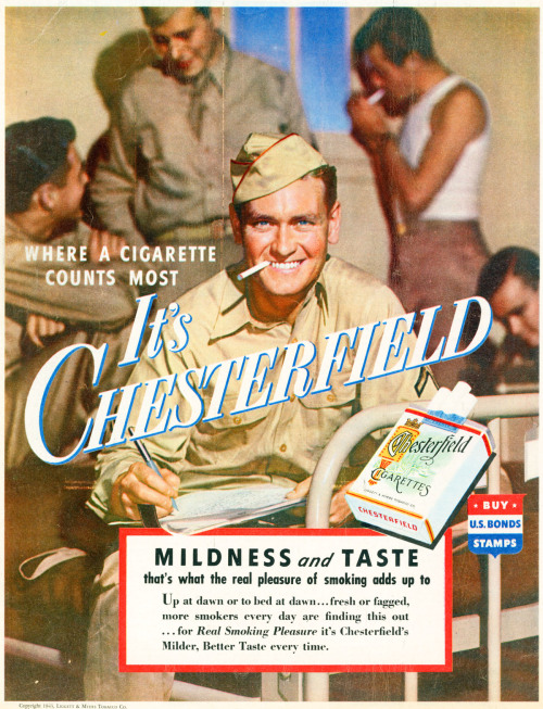 A 1943 ad for Chesterfield cigarettes. [x]