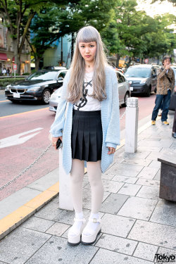 tokyo-fashion:19-year-old Maiko on Omotesando Dori in Harajuku wearing an oversized resale sweater with a resale YSL top, an American Apparel pleated skirt, and LDS platform sandals.