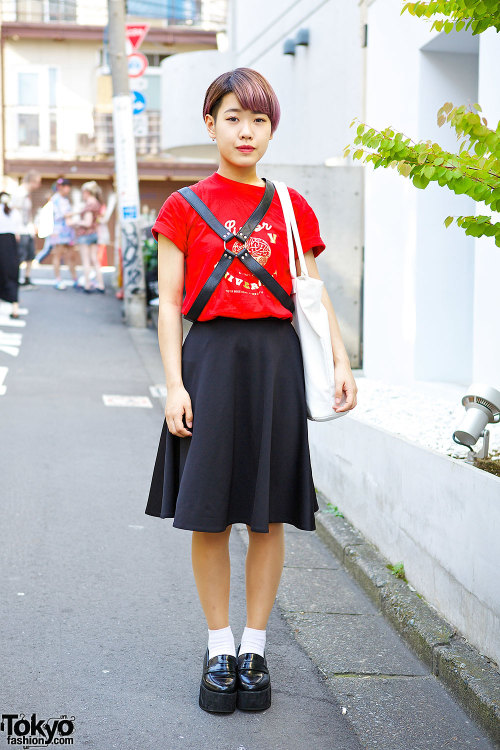 18-year-old Saki on the street in Harajuku with short purple hair, a leather harness, a Growze skirt