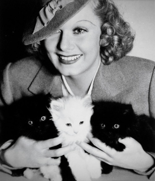 covergirlsanddancingcavaliers:Jean Harlow and fluffy friends, c.1930s