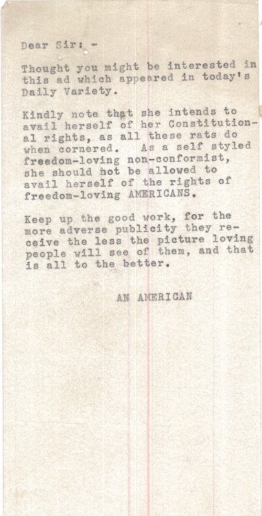 Anonymous letter to the House Un-American Activities Committee, and open letter from Gale Sondergaar