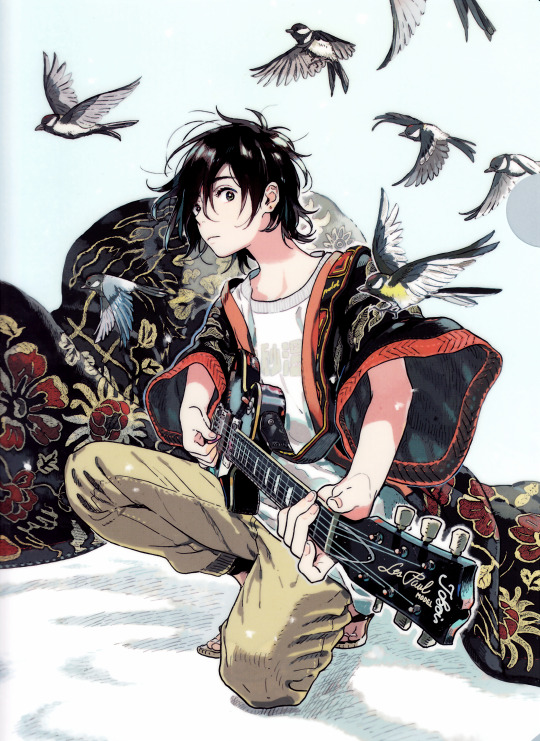 dynamic illustration of a young man with long hair playing guitar.