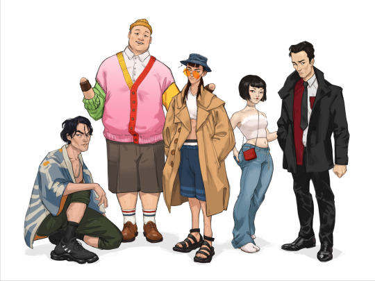 Fanart depicting the cast of the Netflix animated series Blue Eye Samurai, dressed in modern outfits.