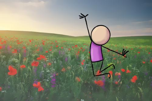 Happy Spring! Jumping through a meadow, celebrating the arrival of Springtime.