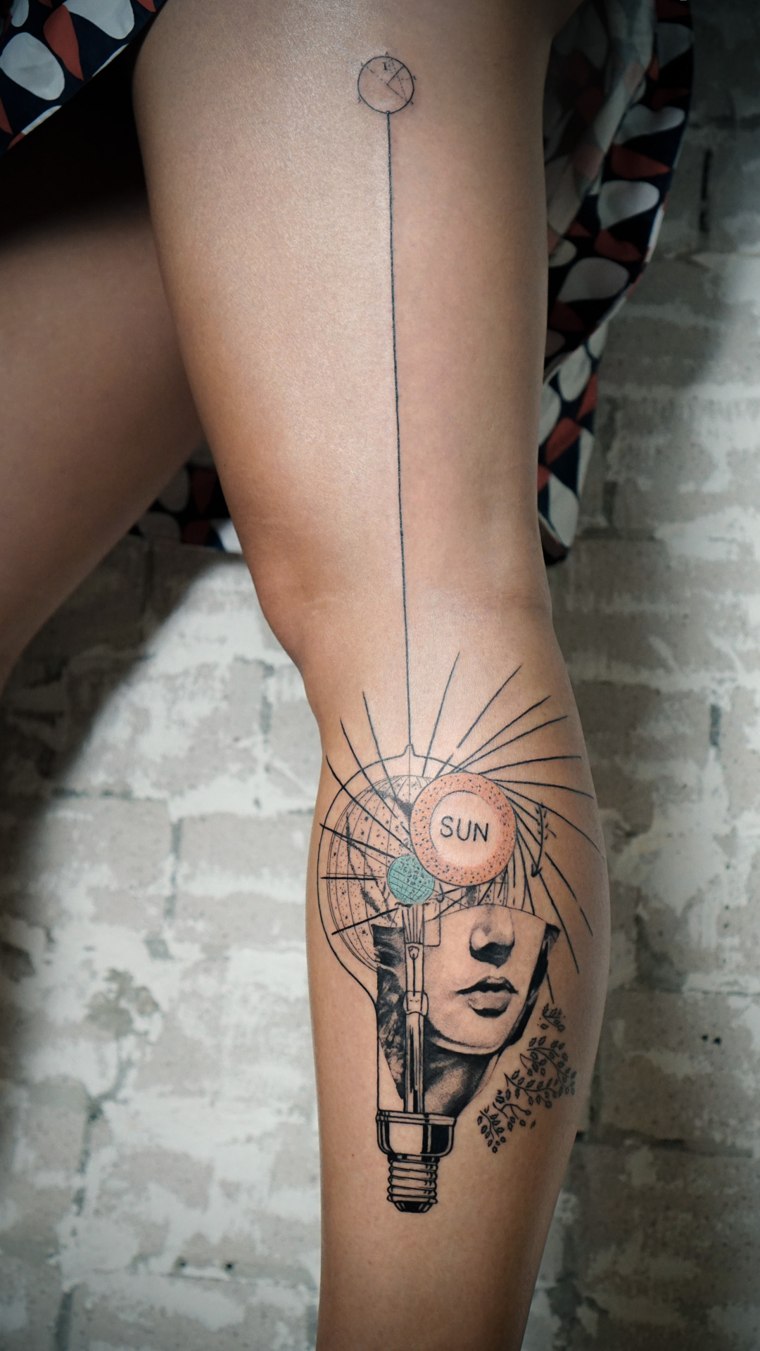 Koit Tattoo — Geometric collage style leg tattoo with girl face,...