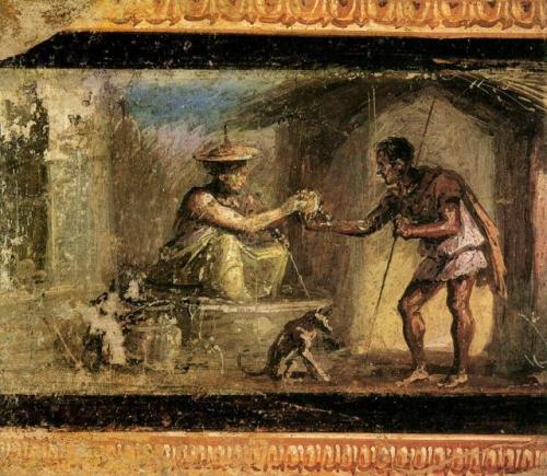 estanlocosestosromanos:Tablinum of the House of the Dioscuri, Pompeii depicting a woman giving water