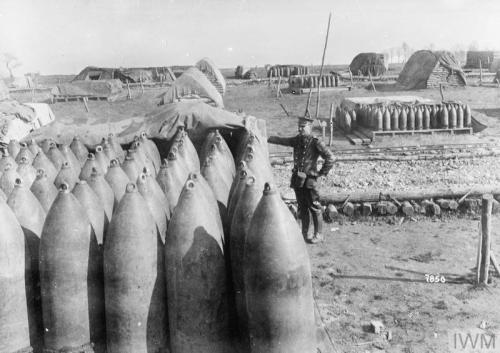 A British heavy artillery shell dump, captured intact by the Germans, March 1918.