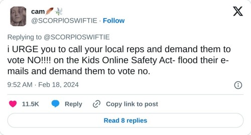 i URGE you to call your local reps and demand them to vote NO!!!! on the Kids Online Safety Act- flood their e-mails and demand them to vote no.  — cam🪶🕊️ (@SCORPlOSWIFTIE) February 18, 2024