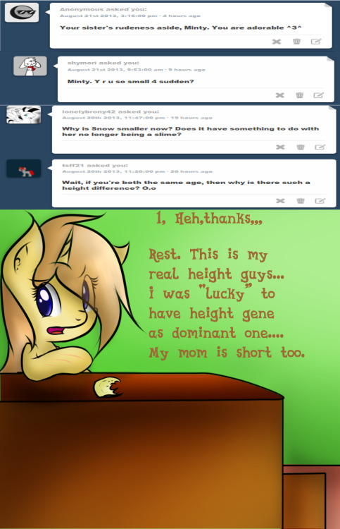 askshinytheslime:  askshinytheslime:  Mint: Where is this annoying as hell pony…. Mint: Sigh… i want my slime body… its boring be on this…  for morning crowd.  There there Minty. I for one love shorter individuals. You’re very cute. :3