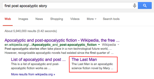 leepacey:  i’m crying not only did mary shelley invent science fiction with frankenstein, but she also invented post-apocalyptic fiction a few years later literally just google ‘first post apocalyptic story’ and everything men love and think is