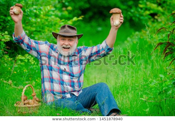 Old bearded man, holding aloft two mushrooms and smiling. 