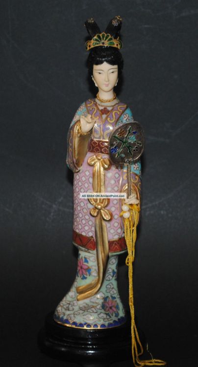 Antique Chinese cloisonne enamel figurine of a lady holding a fan