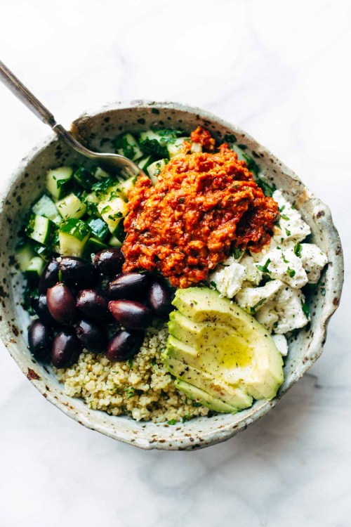 Mediterranean Quinoa Bowl with Roasted Red Pepper Sauce