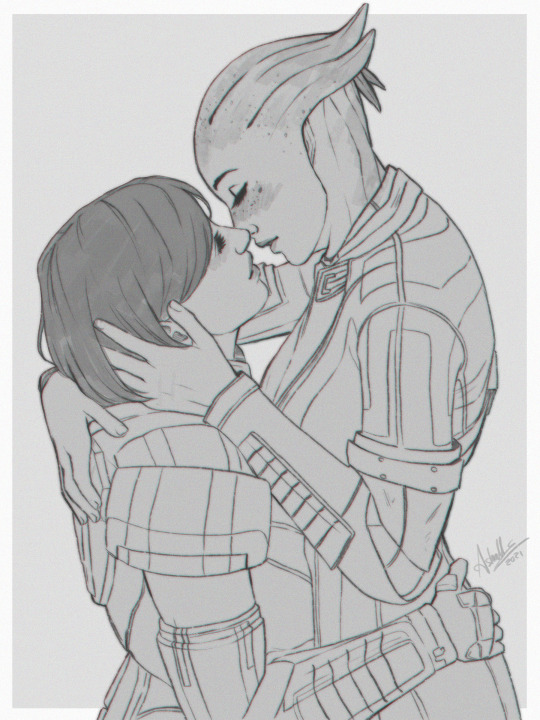 ashalle-art:Did a little gift sketch for @noire-pandora <3 Her Shepard romances Liara and I think they are so cute together! Thank you so much for letting me steal her for fulfilling my Liara shipping urges <3