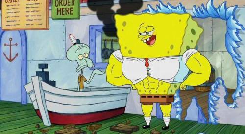 straightwhiteboyproblems:howd spongebob get this ripped what’s his max on the benchhe swole