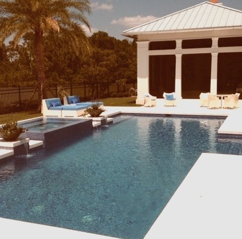 Beach Style Pool - PoolLarge Backyard Photo With A Rectangular Hot Tub And A Beach Theme