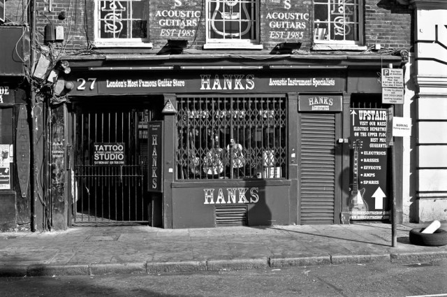 Hanks Guitar Store. London, September 2014. #black and white photography #city photography#denmark street #hanks guitar store #london#original photographers #photographers on tumblr #photography#shopfront#storefront#urban photography