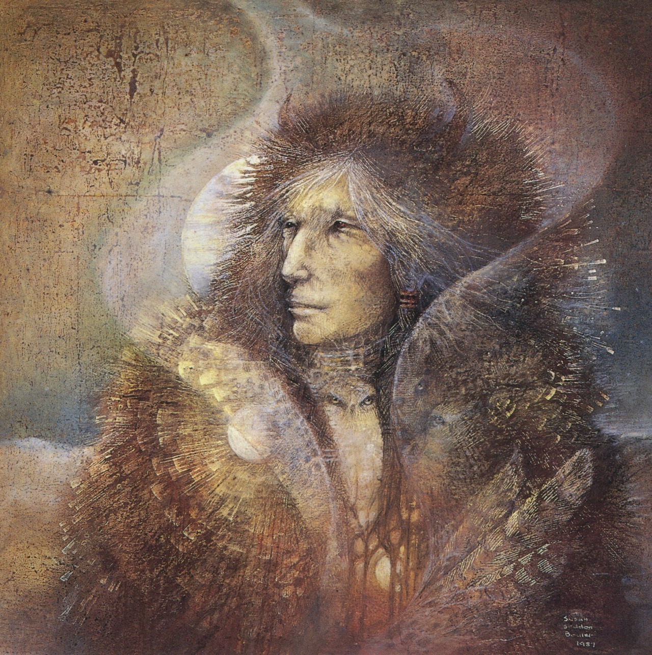 At the centre of the Earth
Stand looking around you.
Recognizing the tribe.
Stand looking around you.
Ancestor
Shaman: The Paintings of Susan Seddon Boulet (San Francisco: Pomegranate Art Books, 1989), pp90-91