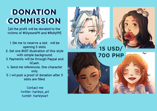 COMMISSIONS FOR A CAUSE!!I will be doing emergency/donation commissions to help the victims of Typho