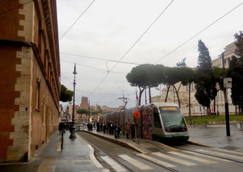 Fine della linea! Linea del tram 8 in un pomeriggio piovoso, Piazza Venezia, Roma, 2019
