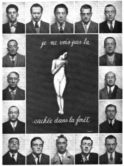 allesandersen: René Magritte’s photomontage of the surrealists with automated photographs taken when they visited Brussels in 1929 with his own painting Je ne vois pas la femme at the centre of the image. Published in the last issue of La Révolution