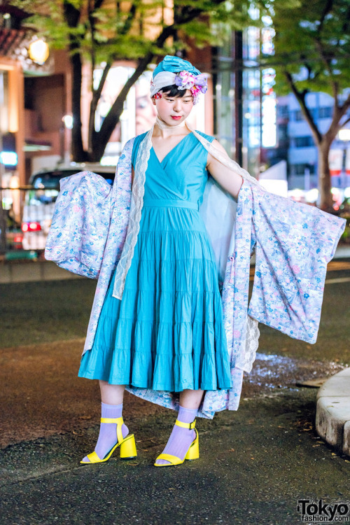 tokyo-fashion:  18-year-old Japanese fashion student Risa on the street in Harajuku wearing a vintage kimono over a blue sleeveless dress, vintage yellow heels, and a floral headpiece. Full Look