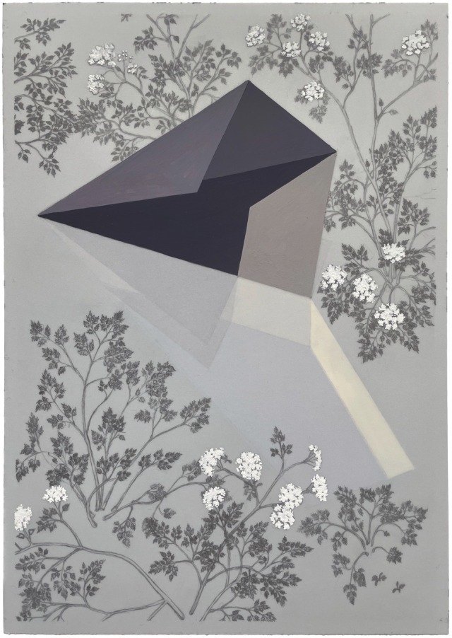 Purple folded polygonal form surrounded by detailed drawings of plants with white flowers; a subtle, irregularly rectangular polygon is also slightly visible through the other side of the artwork.