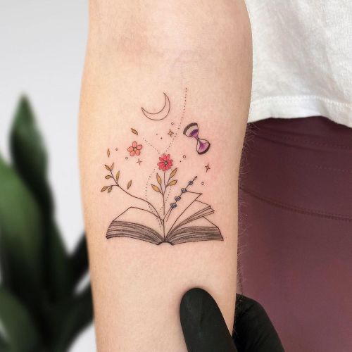 Tattoo tagged with: book, flower, hourglass, moon, outline 