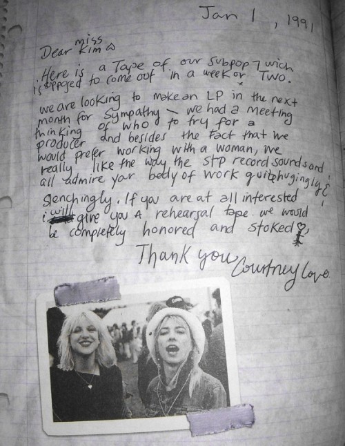 fuckyeahcourtneylove:A letter from Courtney to Kim Gordon in 1991, asking her to produce Hole’s firs