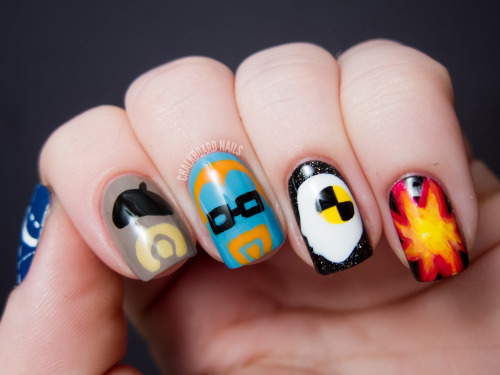 chalkboardnails:  Jamie Wants Big Boom: Mythbusters Nail Art Stop by the post for breakdowns on colors used and more information on this manicure! 