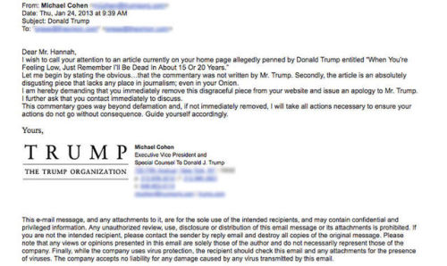 frettedwithgoldenfire: The Onion just released this threatening email they received from Trump&rsquo