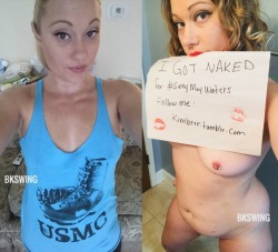 sexymaywaters:  So…. thanks to their new 500 followers… here is kimbrrrslut (kimbrrr.tumblr.com) showing her face online for the first time.  We have 3 more different Dressed/Undressed pictures of kimbrrrslut to share and every time she gets 500 new