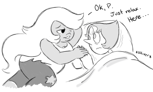 thekezziekez:  spinelstar:  thekezziekez:  Sometimes when they’re really beat up after battle, Pearl asks Amethyst to remind her how to sleep, and normally, she would recall instructions on how to do a thing (ie, what Steven already told her) but she’s