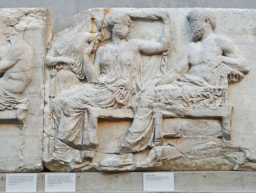 mythologyrules:Frieze of the Parthenon Temple.The gods from left to right: Ares, Hera, and Zeus.Loca