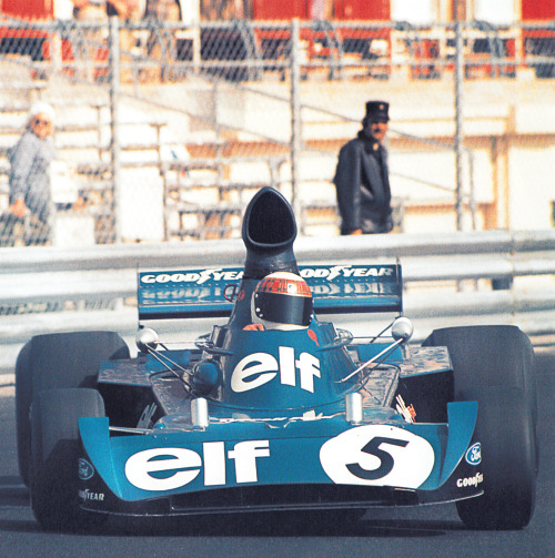 Jackie Stewart / in a Tyrrell 006, en route to victory at the Monaco Grand Prix, 1973.