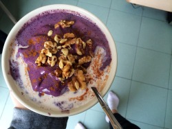 onehappyvegan:  Banana berry ice cream topped with homemade walnut milk and walnuts. Yup.