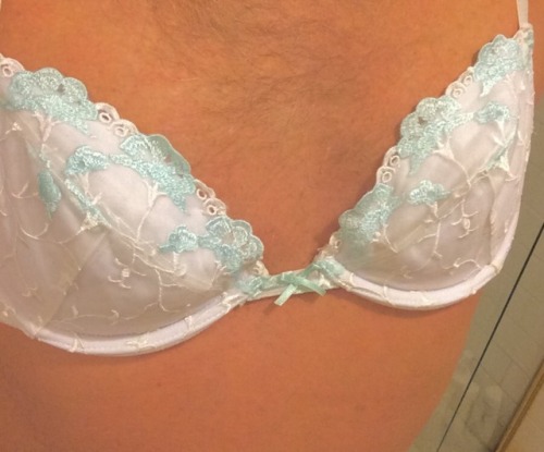 sohard69blu:  Pretty new bra & panty set from my wife , with delicate baby blue lace flower trim