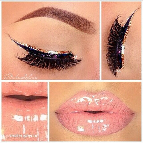 #Pretty #pink #nude #lips with #metallic purple &amp; #gold #eyeliner from @makeupbycari &lt