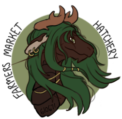 Digital art, Stylised drawing of a veilspun ontop of a pale green circle. It has flowing green hair and a brown body. It's adorned with golden jewlery. The text Farmers Market Hatchery is written around the circle. By Stardewe.