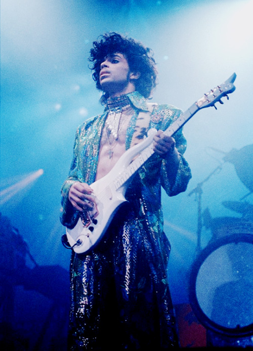 Prince performing during the Purple Rain tour in Los Angeles, CA., 1985.