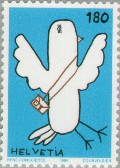 Two Swiss Stamps That Were Chosen In A 1996 Design Contest, The Left Is"La Colombe" By Ren Conscience