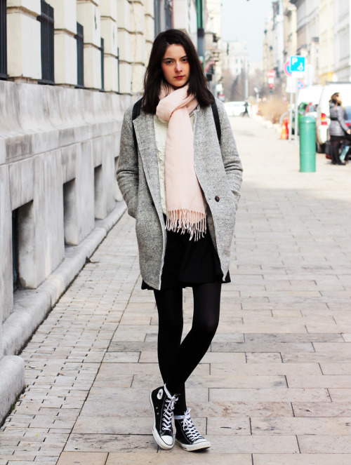 christinasshow:“Winter outfit with black opaque tights and sneakers.”- Nora Aradi