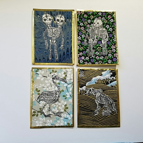 A few mixed media art cards using my relief printed/hand carved stamp skeletons.