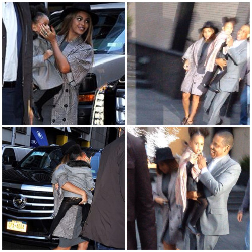 Beyonce, Jay Z and Blue Ivy leaving the Annie show this evening.