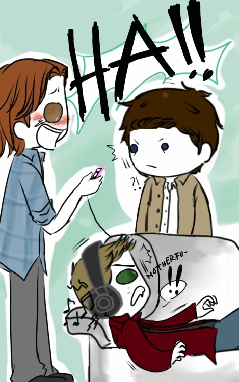 castihalo:  “What the fuck Sammy, what are you– SAMMY GIVE IT BACK TO ME RIGHT NOW OR I SWEAR-” “What’s the matter, Dean? Don’t you have Your Guardian Angel to keep your things safe for you?” 
