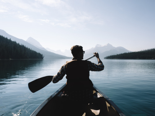 Canoeing to Spirit Island on Maligne Lake - Jasper National Park, Alberta, Canada.