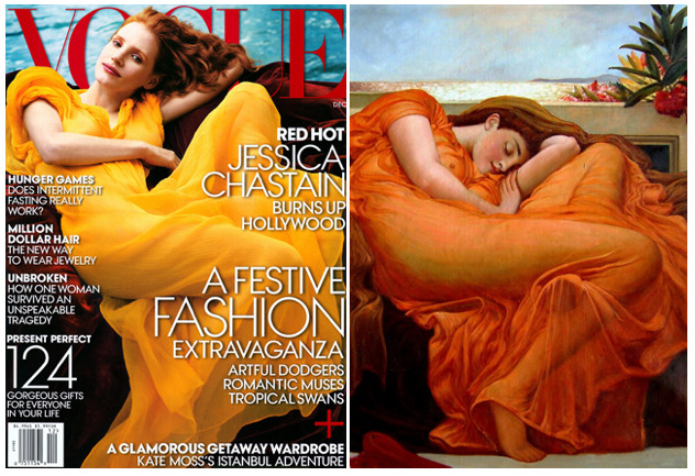 “Flaming June” by Frederic Leighton is a fave of mine and we love this representation of it on the cover of the December Vogue Editorial…In this feature actress Jessica Chastain is photographed by Annie Leibovitz playing homage to a collection of...