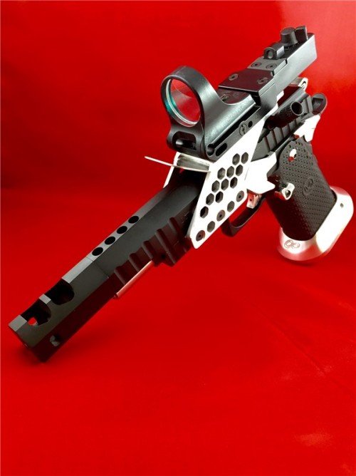 gunrunnerhell:  Strayer Voigt InfinityHigh end custom competition pistol based on the 1911 platform. The one in the photo is chambered in .38 Super. Depending on the configuration you have your pistol built in, it may or may not be sanctioned for use