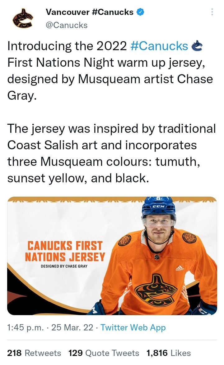 Canucks Twitter] Introducing the 2022 Canucks First Nations Night warm up  jersey, designed by Musqueam artist Chase Gray. The jersey was inspired by  traditional Coast Salish art and incorporates three Musqueam colours