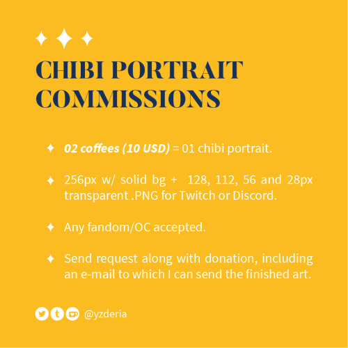  I’m taking chibi portraits/emotes requests directly through ko-fi donations! Starting this mo